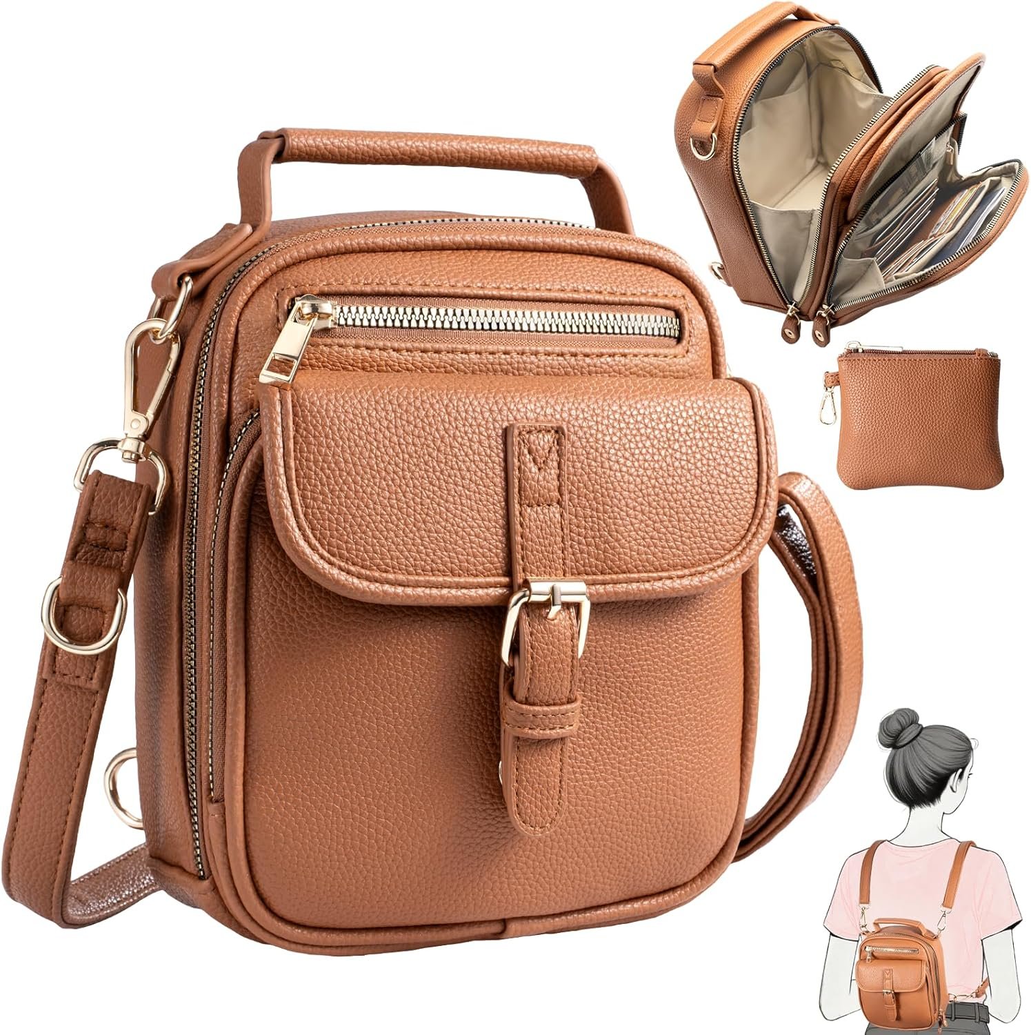 Vegan Leather Crossbody Bag for Women with 2 Straps, Small Messenger Bag with Wallet, Anti Theft Shoulder Bag