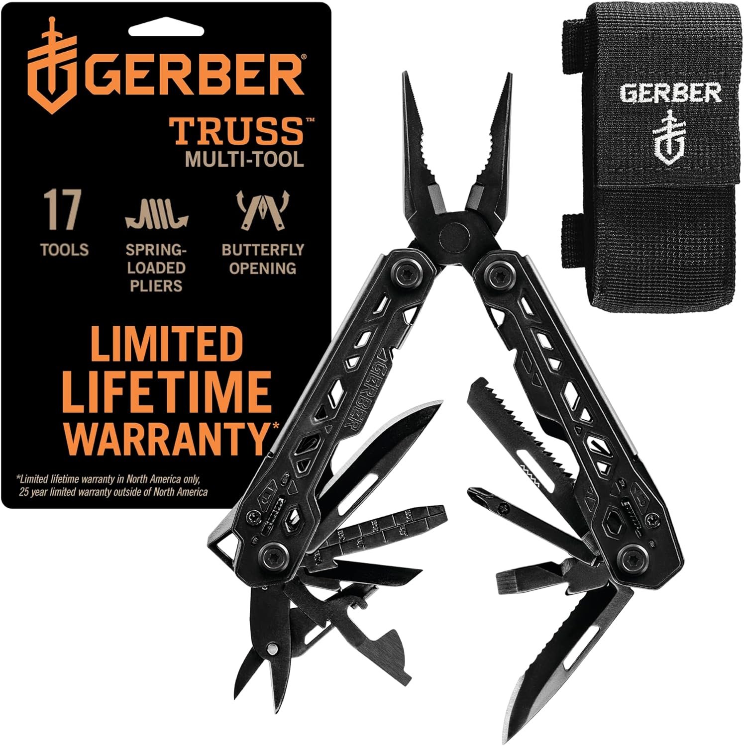 Gerber Gear Truss Multitool, Gifts for Men, 17-in-1 EDC Needle Nose Pliers, includes Pocket Knife, Screwdriver, and Bottle Opener Accessories, Fishing and Camping Gear, Black