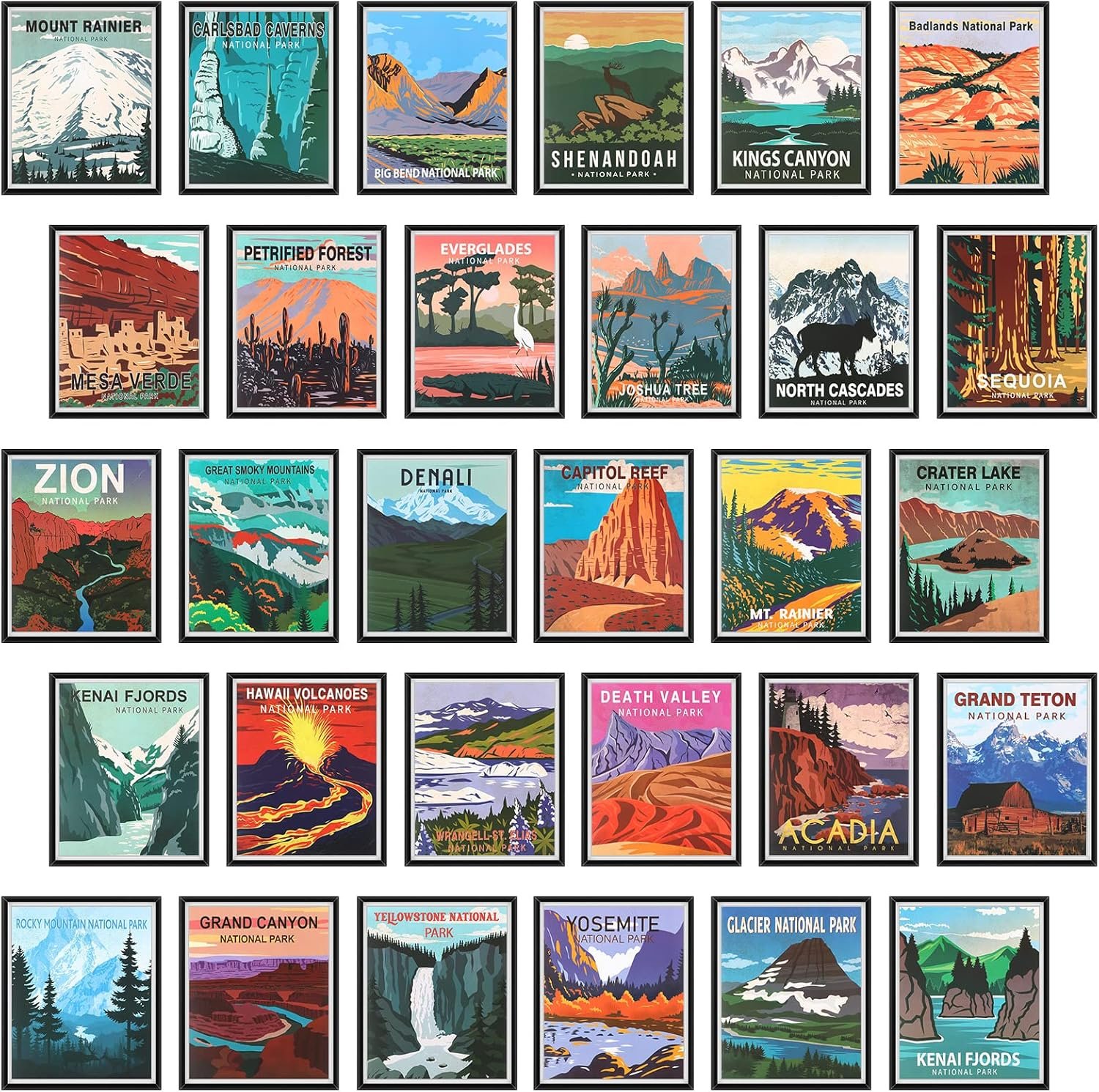 Teling 30 Pieces Vintage Poster Set National Parks Nature Wall Art Travel Prints Wall Art and Mountain Print Posters Unframed for Home Living Room Bedroom Bathroom Decor(Bright Color,Scenery)