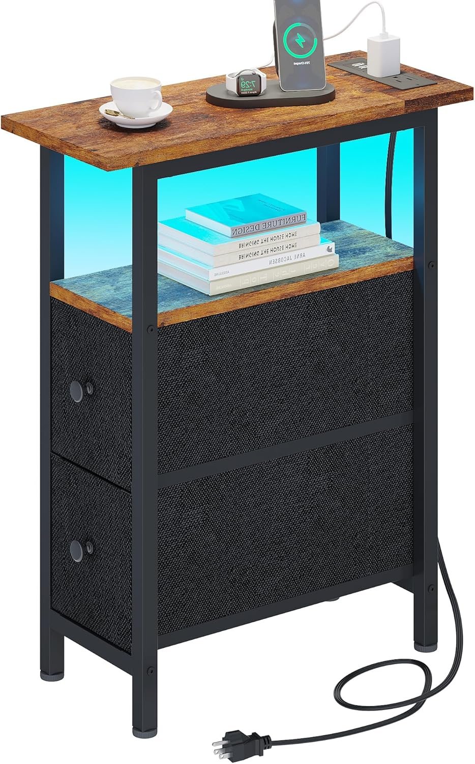 End Table with Charging Station, Narrow Side Table with 2 Fabric Drawers, Skinny Nightstand with LED Light, Slim Bedside Table for Bedroom, Living Room, Small Spaces, Rustic Brown and Black