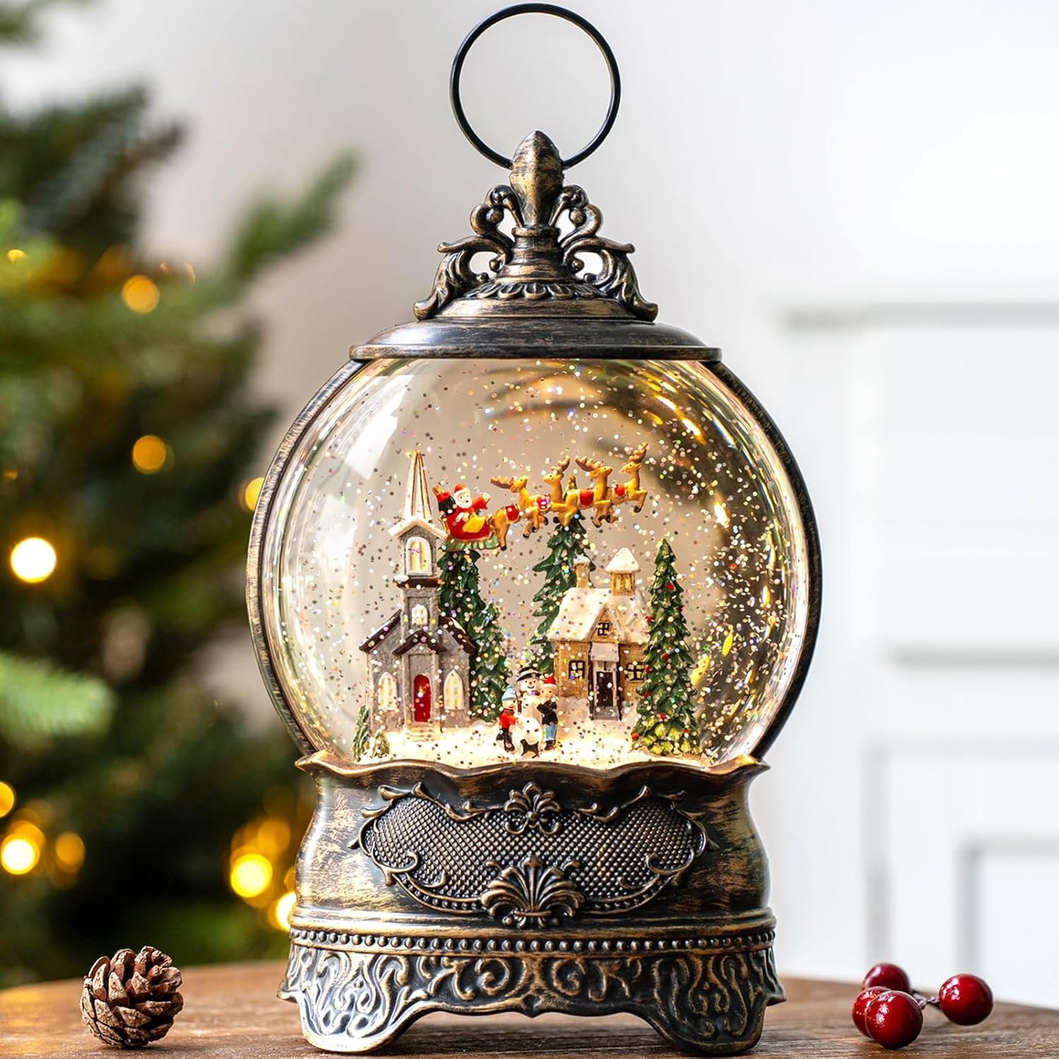 Christmas Snow Globes Lantern Snow Globe with Music Water Lantern Santa Flying Scene Elk Lighted Swirling Water Glitters Snowglobe Christmas Decoration