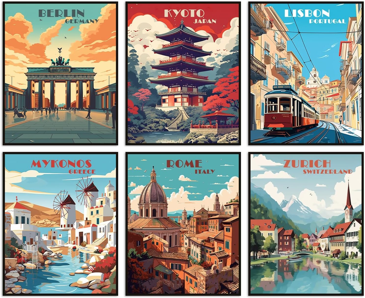 Travel City Vintage Poster Set of 6 Unframed (8”x10”) Popular Cities for Wall Decor Landscape Art Aesthetic Room Decor (Travel City C, 8 x 10)
