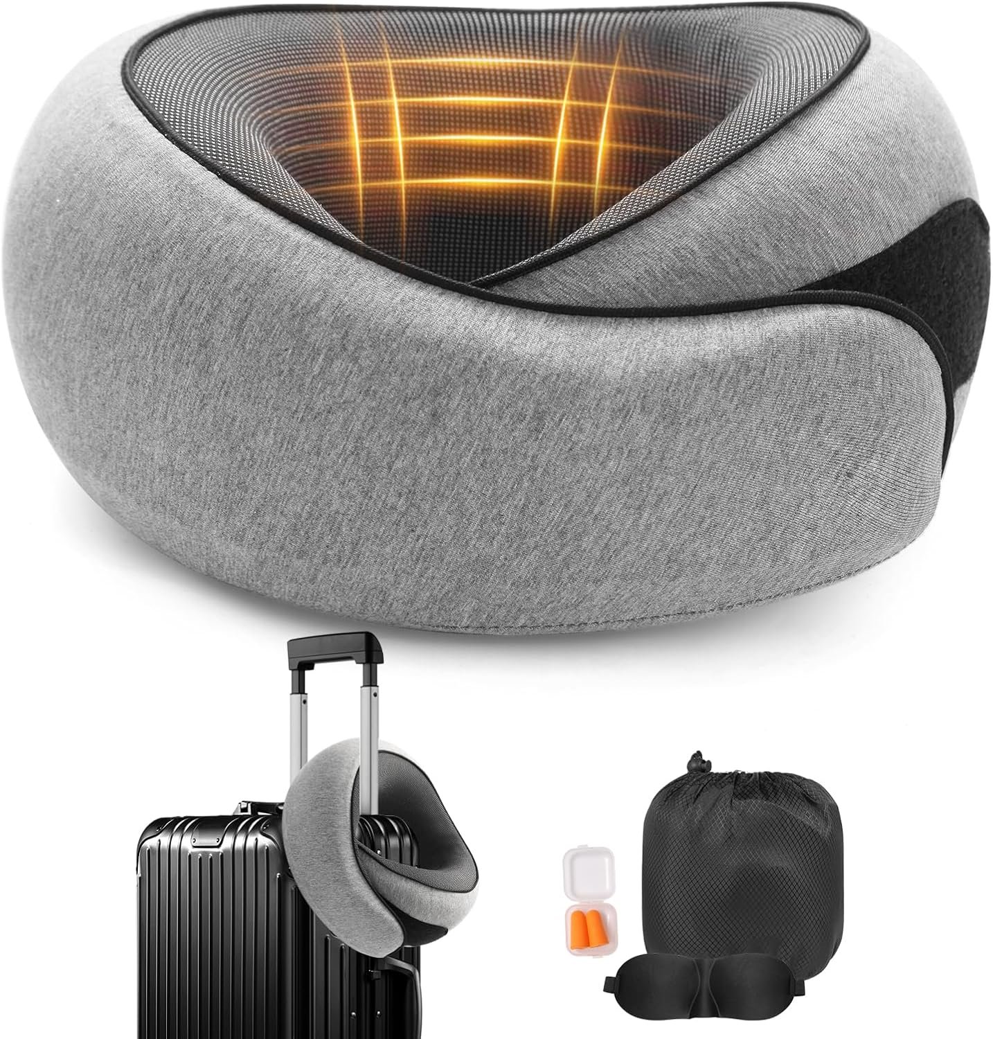 Ergonomic Travel Neck Pillow with Memory Foam Support-Comfortable Airplane Pillow for Adults, Portable Neck Cushion for Car, Office and Long Flights with Eye Mask, Earplug&Carry Bag