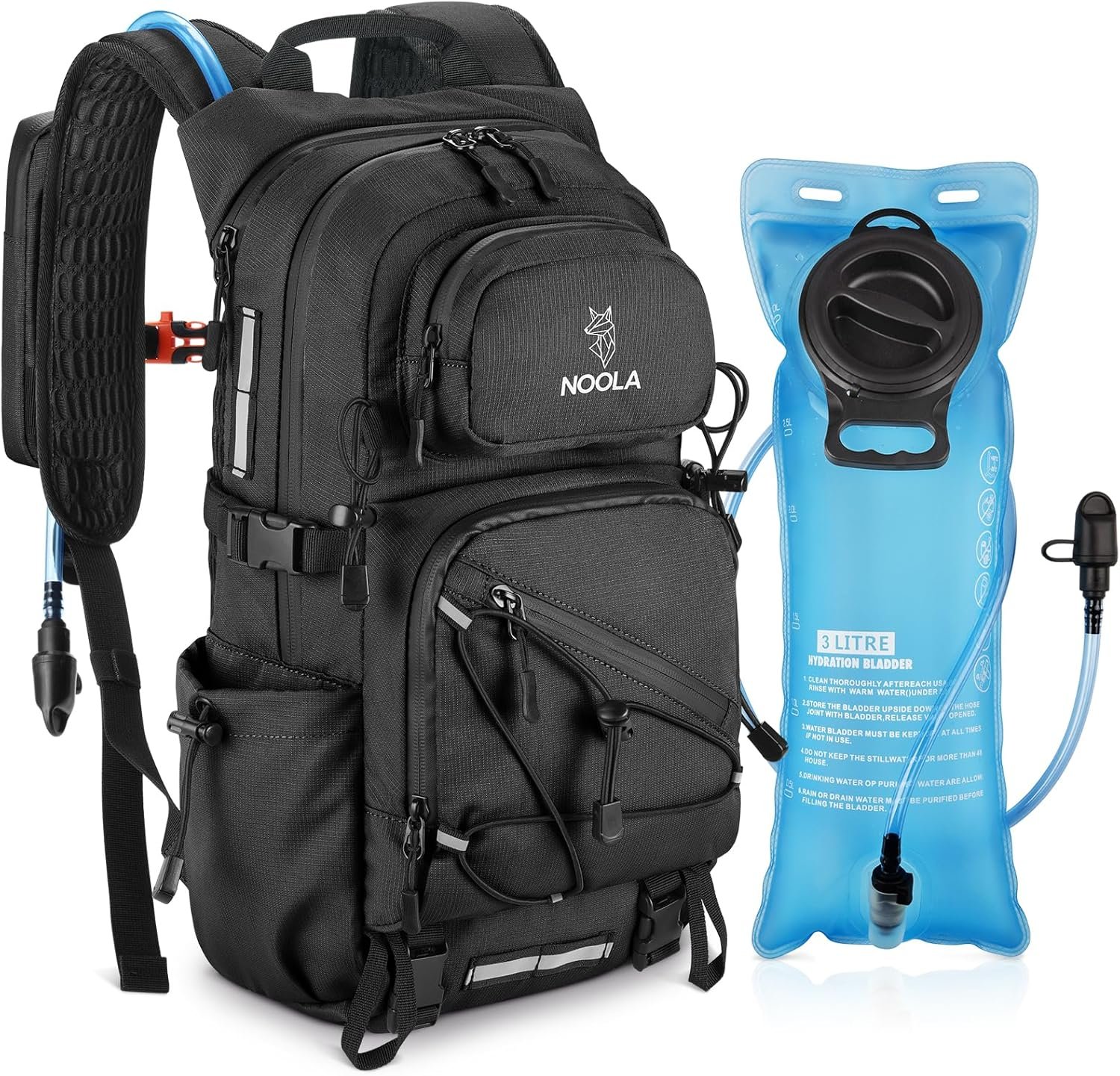 NOOLA Hydration Backpack with 3L Water Bladder – 22L Water Backpack for Hiking, Cycling, Running, Biking – Lightweight Hiking Pack Bag with Rain Cover, Phone Holder and Trekking Pole Holders, Black