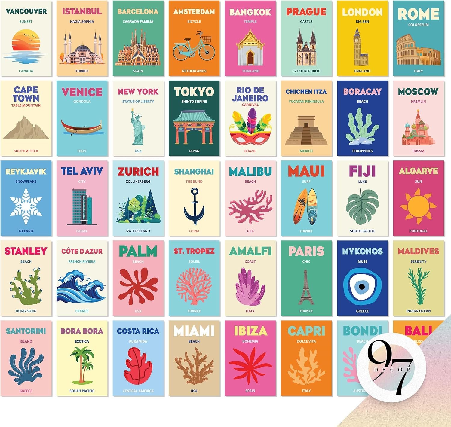 97 Decor Cute Preppy Room Decor Aesthetic – 40pcs Coastal Preppy Collage Kit, Colorful Preppy Posters For Teen Girls Room, Preppy Beach Room Decor, Summer Travel Wall Art Prints Dorm Decorations (4×6)