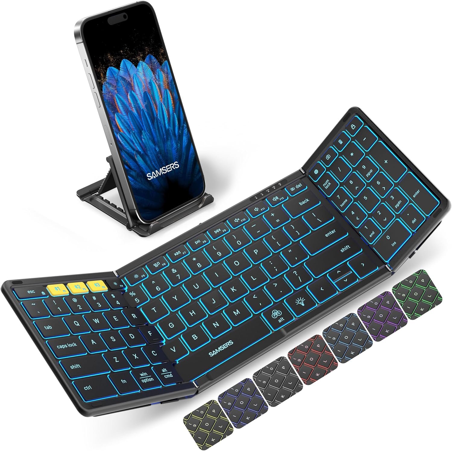 Samsers Foldable Bluetooth Keyboard with Numeric Keypad, Full-Size Wireless Folding Keyboards with Backlight, Portable Travel for iOS Android Windows Mac OS, Support 3 Device(BT5.1 x 3), Black
