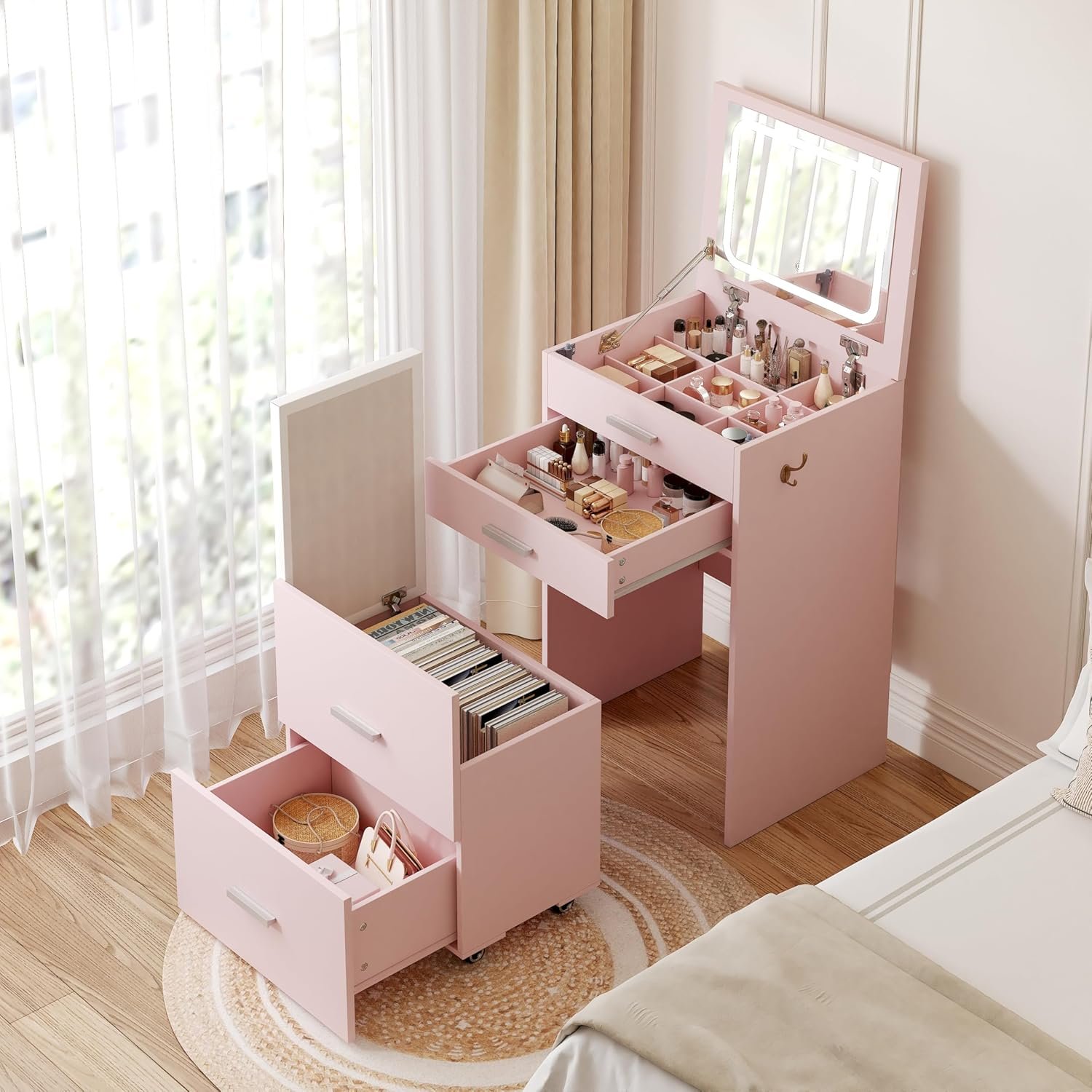 Compact Vanity with 3 Drawers, 3 in 1 Vanity Desk, Makeup Desk with Flip-up 3 Colors Lighting Mirror and Cushioned Stool, Small Vanities Nightstand Perfect for Bedroom, Pink