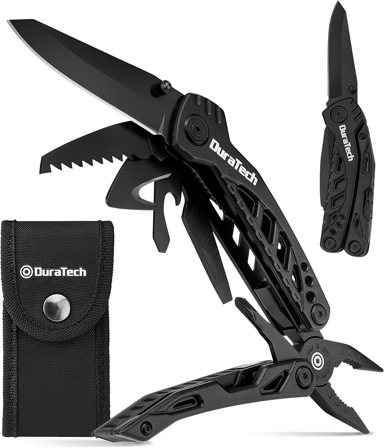 DURATECH 11-in-1 Multitool Knife, Gift for Men, Stainless Steel Multi Tool Pocket Knife with Large Blade, Pliers, Screwdrivers, Saw, EDC Multitool with Oxford Sheath for Outdoor, Camping, Survival