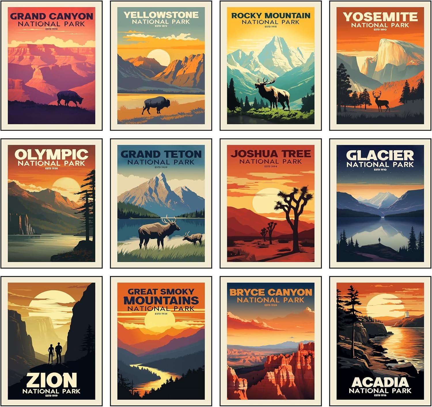 National Park Posters Set of 12 (11×14 inch) – Vintage Travel Posters – National Park Wall Art – Unframed Nature & Mountain Wall Art Prints for Home, Living Room, Office Retro Decor (SET 1)