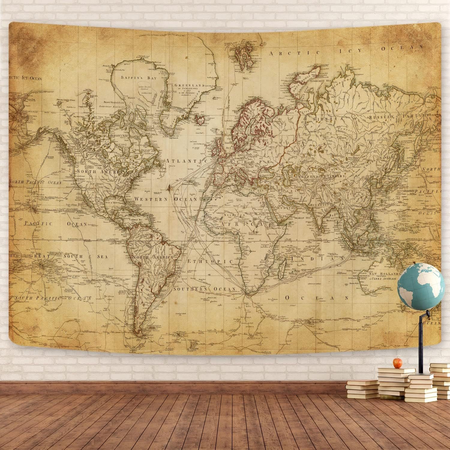 Old World Map Tapestry, Vintage Geographical Distribution Wall Hanging, Brown Historical Atlas Educational Poster for Wall Classroom Bedroom Living Room Office 60×40 Inch