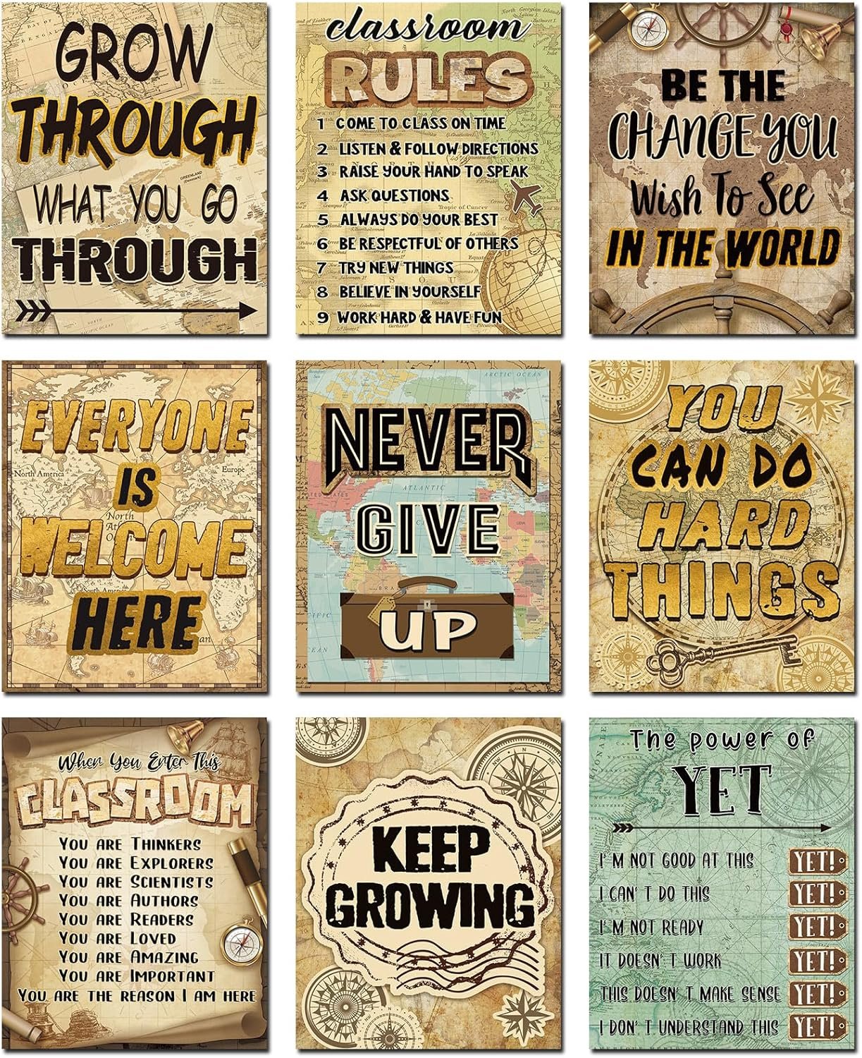 Seajan 9 Pieces Travel the Map Bulletin Board Posters Inspirational Travel World Quote Wall Decor Motivational Social Studies Board Sign for Kids Teacher School Classroom Decorations, 11 x 14 Inch