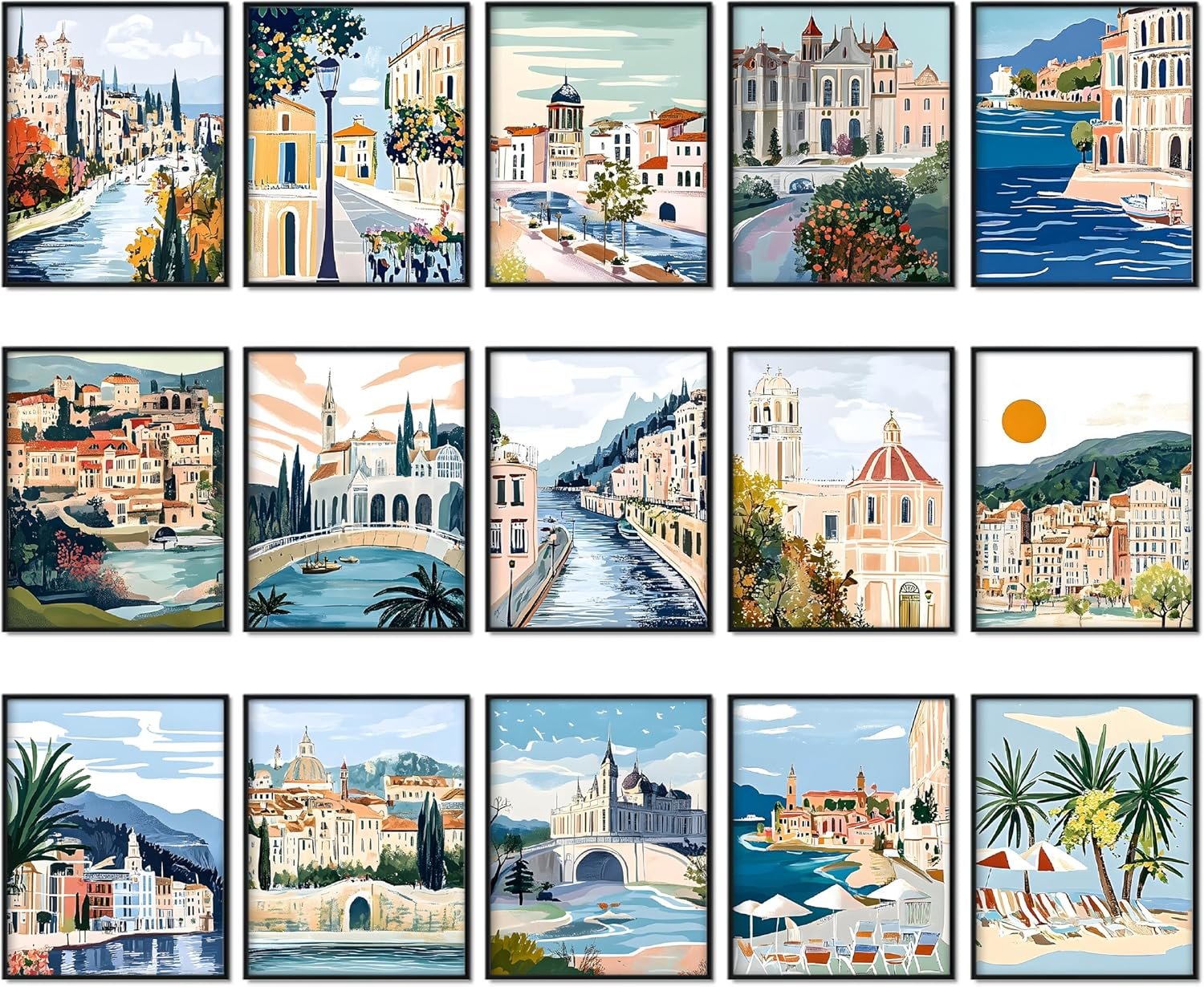 GLASSWINDS Vintage Travel Posters City Wall Art Set of 15, Trendy Modern Colorful Wall Poster, Europe Landscape Canvas Wall Art Prints Decor for Living Room Bedroom Home Decor, 8×10 Unframed
