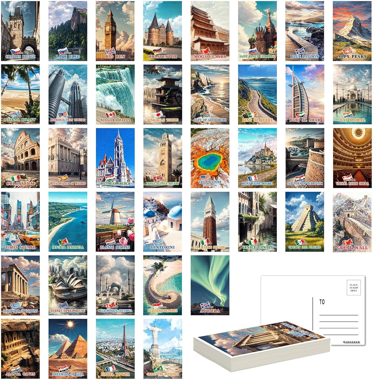 SHOXREM 40Pcs Travel Postcards From Around The World: Vintage World Travel Posters Wall Decoration – Landmark Illustrations,Retro Geography Destination Collage, 4″ W x 6″ H