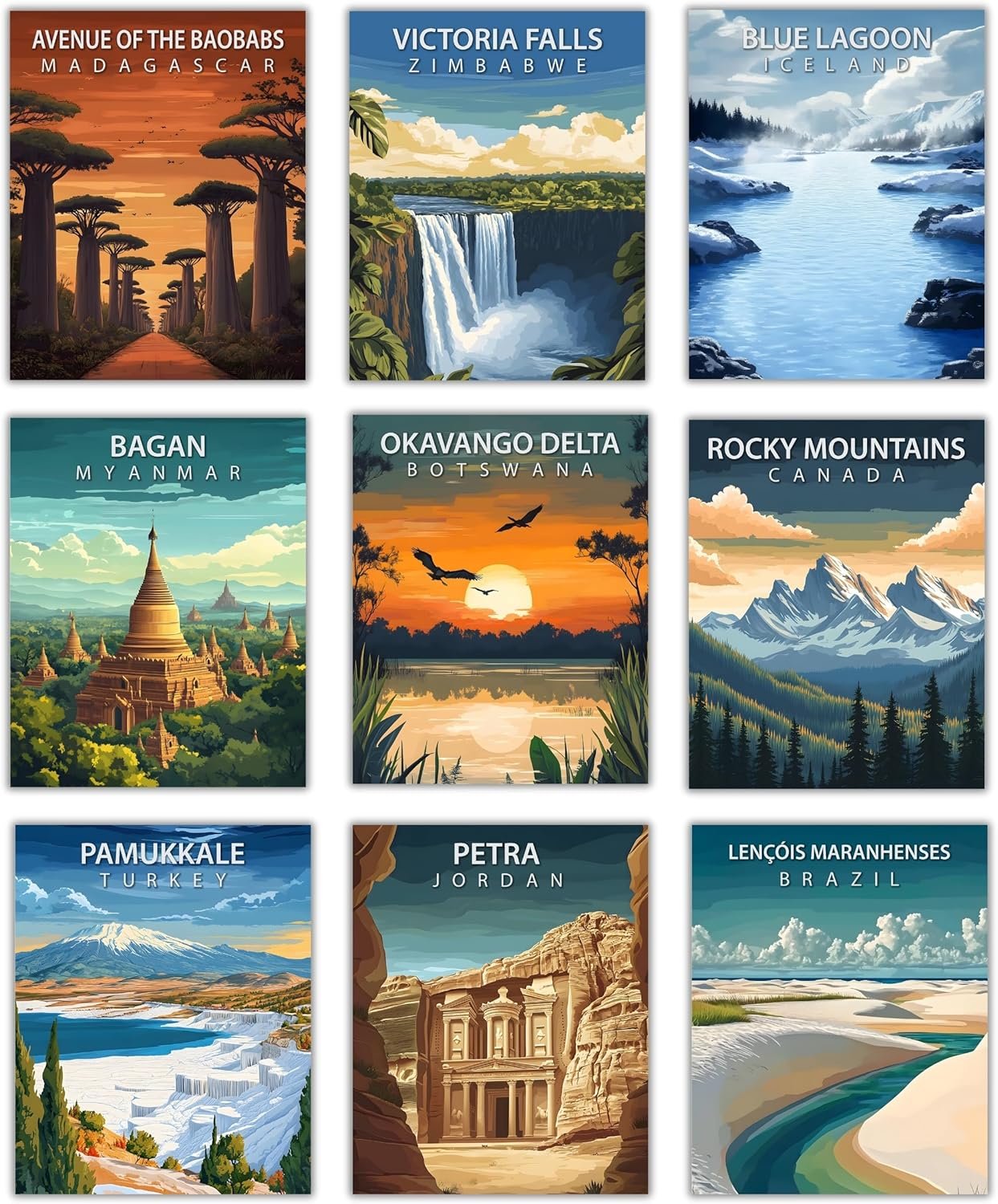 Nilem Design Travel Posters – Set of 9, 8×10 Inch Unframed Wall Art Prints – World Landmarks & Nature Scenes – Decorative Artwork for Home & Office (World Travel)
