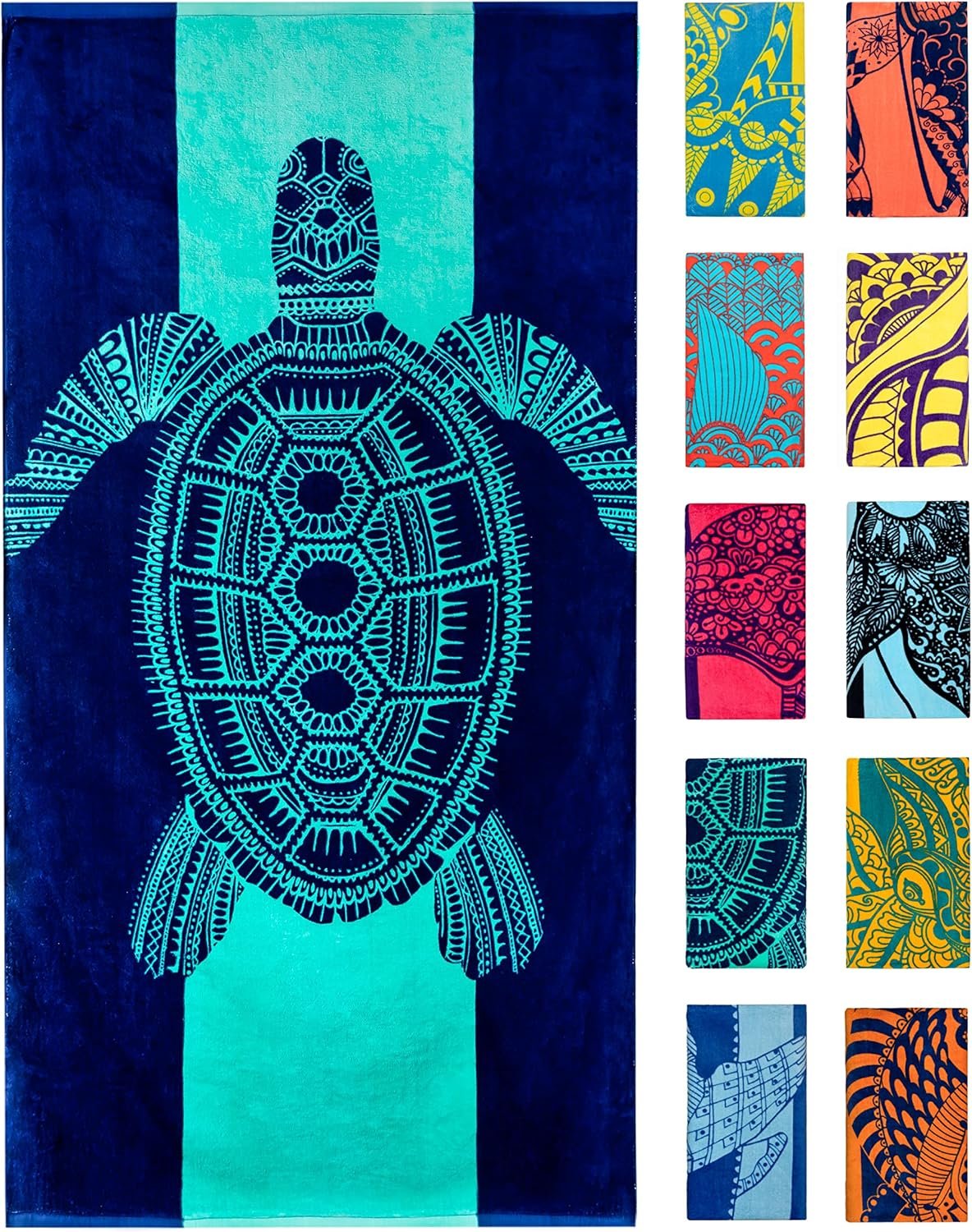 Nova Blue Turtle Beach Towel – Tropical Blue Colors with A Unique Design, Extra Large, XL (34”x 63”) Made from 100% Cotton for Kids & Adults