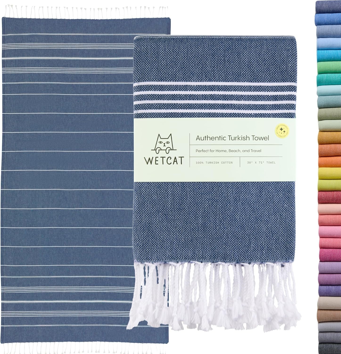 WETCAT Turkish Beach Towel Oversized (38″x71″) 100% Turkish Cotton, Made in Turkey – Sand Free, Extra Large, Ultra Soft, Quick Drying, Compact & Lightweight for Travel – Dark Blue