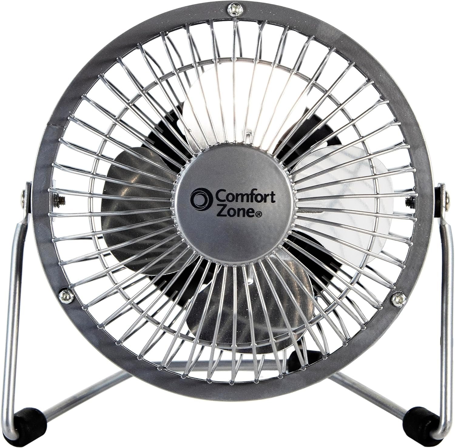 Comfort Zone 4-inch All-Metal Desk Fan with USB or Power Cord, Single Speed, 360 Degree Adjustable Tilt, Compact & Durable Mini Electric Fan for Home, Office or Travel Use, Silver