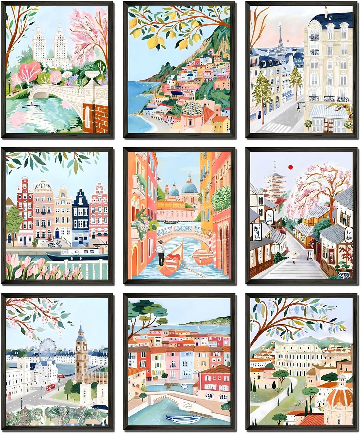LANCHI95 Vintage Travel City Posters Wall Art, Europe Italy Cities Art Prints Painting, Trendy Modern Colorful Landscape Wall Decor for Living Room Bedroom Bathroom 8x10inch Set of 9 UNFRAMED