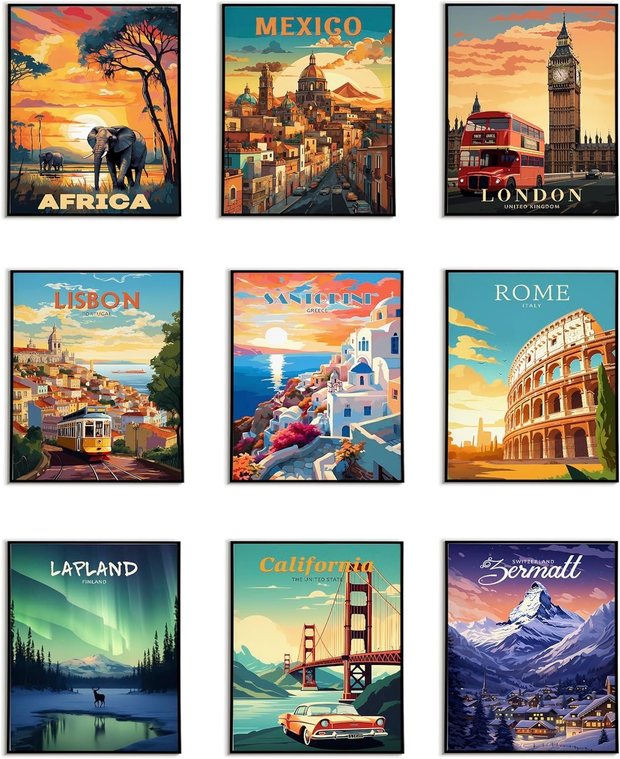 Eastern Print Set Of 9 Vintage Travel Posters, City Prints Wall Decor, Travel Wall Art Home Decor, City Poster, Colorfull Travel Poster Decor For Bedroom, Living room, Home Office, UNFRAMED 8×10