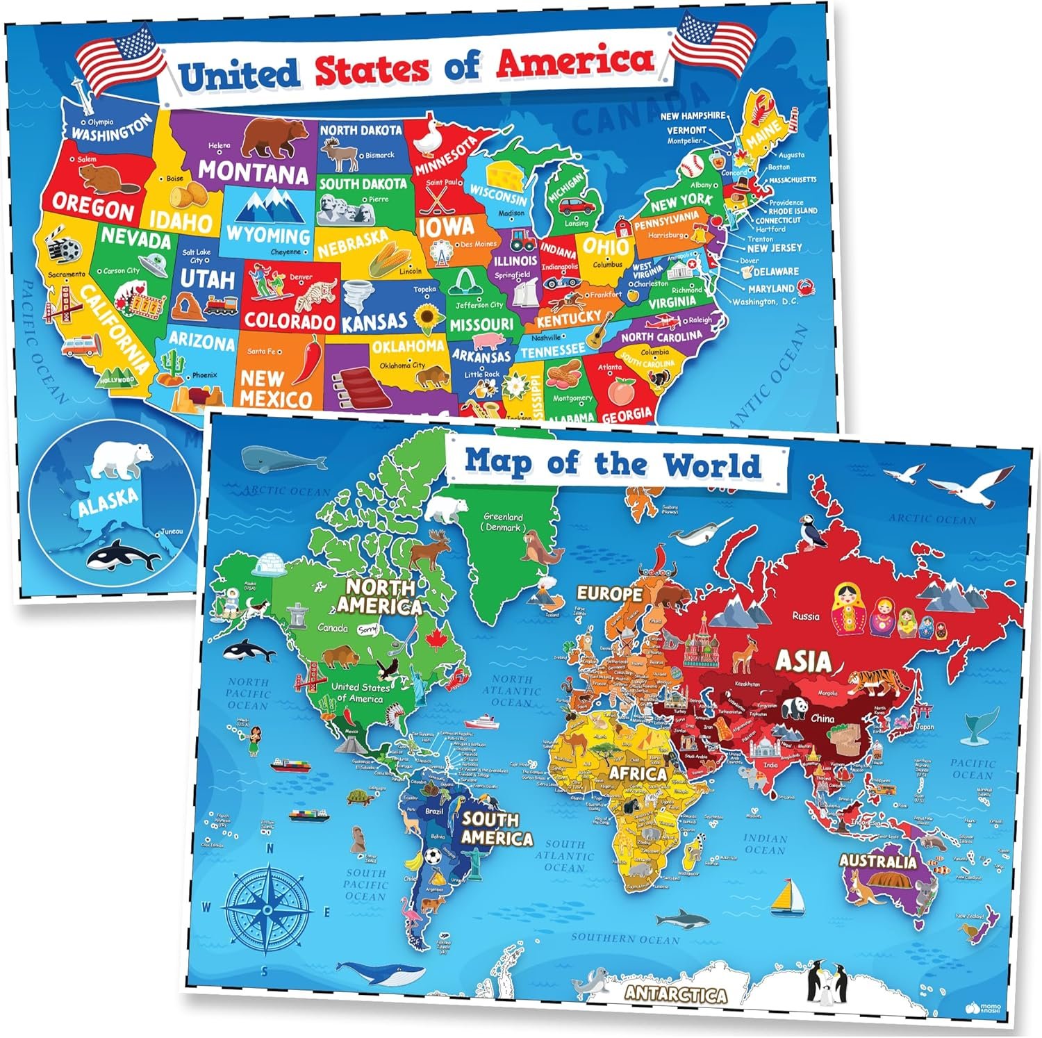 World Map Poster & Map of the United States for Kids – 2pc Set – 24” x 16” USA & World Map for Kids Waterproof Classroom Posters Must Haves – Classroom Decor Educational Posters for Toddlers 1-3